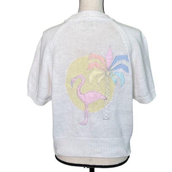 Vintage Jantzen Flamingo Palm Tree Sweater L – 80s Retro Pastel Summer Knit - Picture 3 of 10